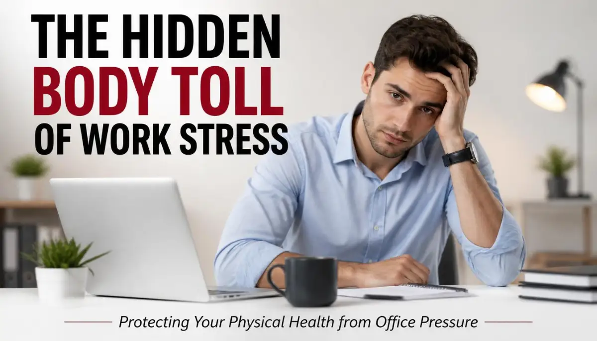 A professional male model sitting at a desk looking stressed, illustrating the psychological impact of chronic workplace stress on physical health.